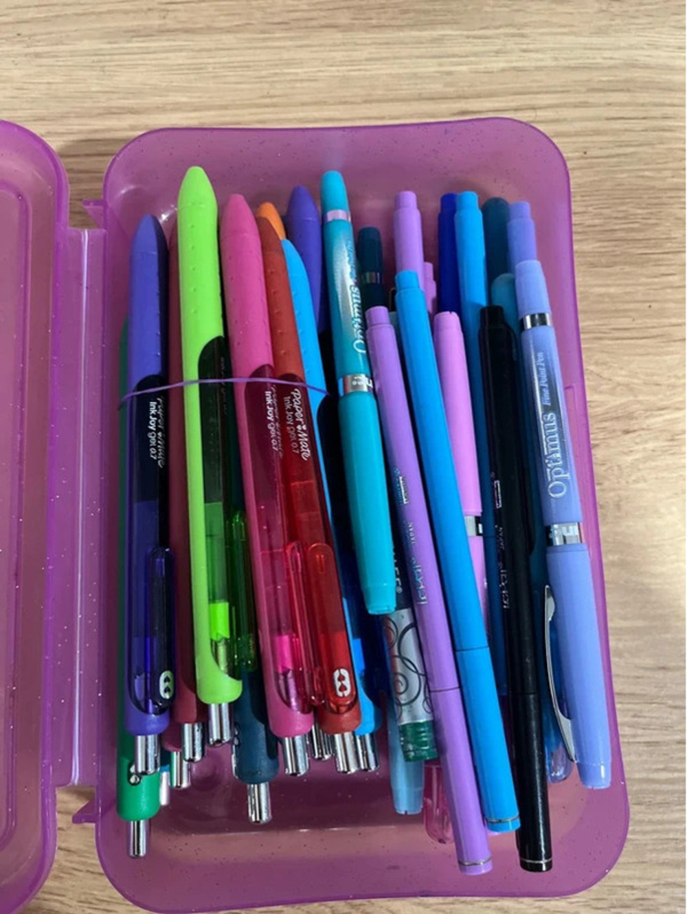 Colored gel pens variety of brands, ink, pen holder container organizer